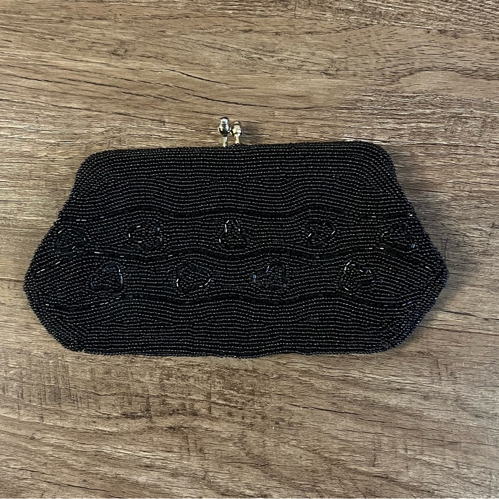RICHERE VINTAGE 1960'S BLACK BEADED EVENING BAG CLUTCH PURSE‎ MADE IN JAPAN